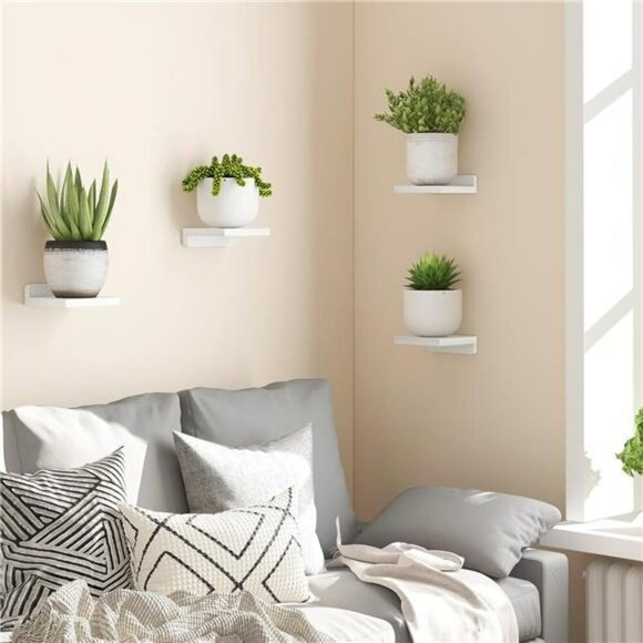 White Floating Wall Shelves Set of 4 Small Wood Shelf for Bedroom Bathroom - Picture 4 of 8